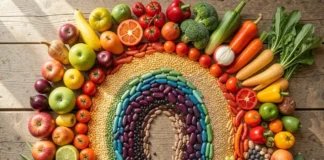 Colorful variety of plants per week gut health needs including fruits vegetables nuts seeds and herbs arranged in rainbow pattern