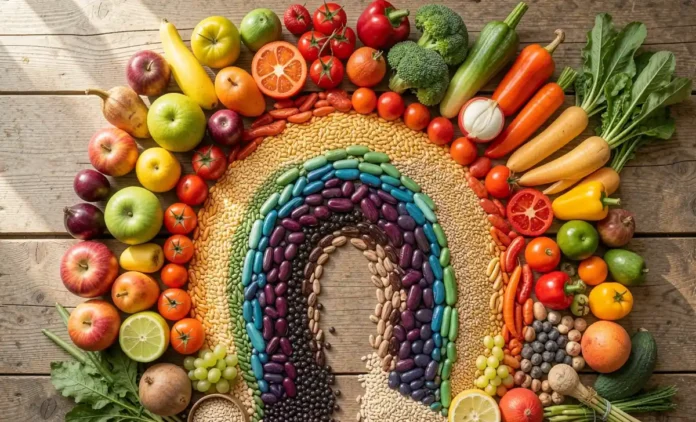 Colorful variety of plants per week gut health needs including fruits vegetables nuts seeds and herbs arranged in rainbow pattern