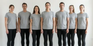 Person performing posture self test wall alignment check at home barefoot against white wall