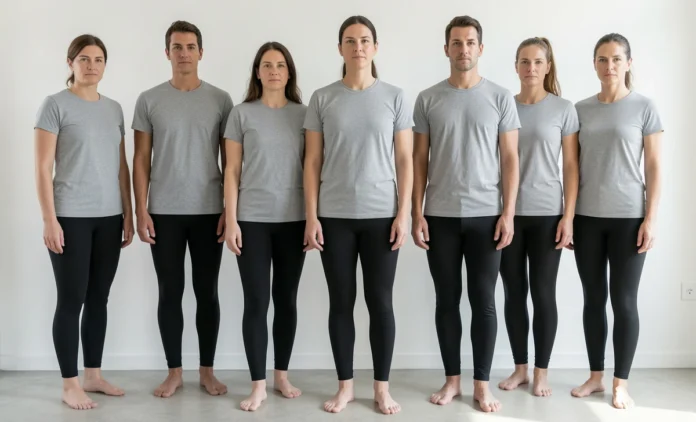 Posture Self Test Wall Method Demonstration Person performing posture self test wall alignment check at home barefoot against white wall