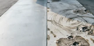 pressure washing driveway damage showing etched surface vs clean concrete comparison