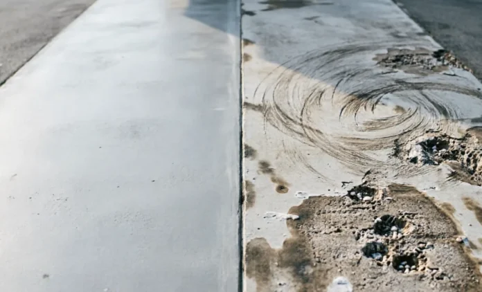 pressure washing driveway damage showing etched surface vs clean concrete comparison pressure washing driveway damage showing etched surface vs clean concrete comparison