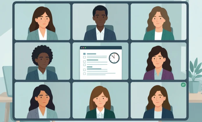 A team having productive remote team meetings on video call with agenda on screen