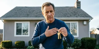 Homeowner reviewing property lien ownership rights documents with house keys