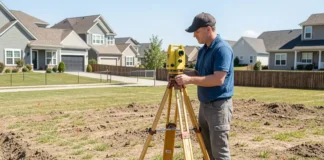 Licensed surveyor measuring boundary lines during a property survey before buying a home