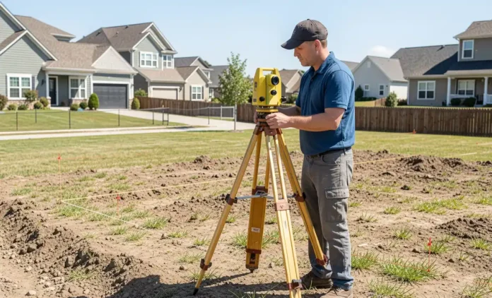 Licensed surveyor measuring boundary lines during a property survey before buying a home