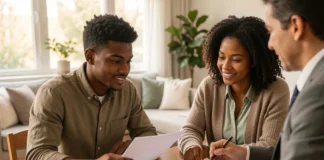First-time property title home buyers reviewing ownership documents with real estate agent