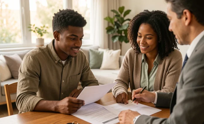 First-time property title home buyers reviewing ownership documents with real estate agent