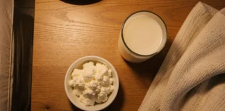Bowl of cottage cheese and warm milk on a bedside table at night — protein before bed sleep foods for better deep sleep