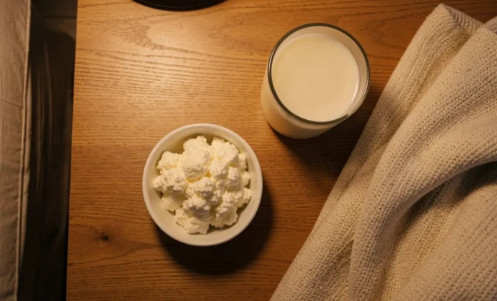 Bowl of cottage cheese and warm milk on a bedside table at night — protein before bed sleep foods for better deep sleep