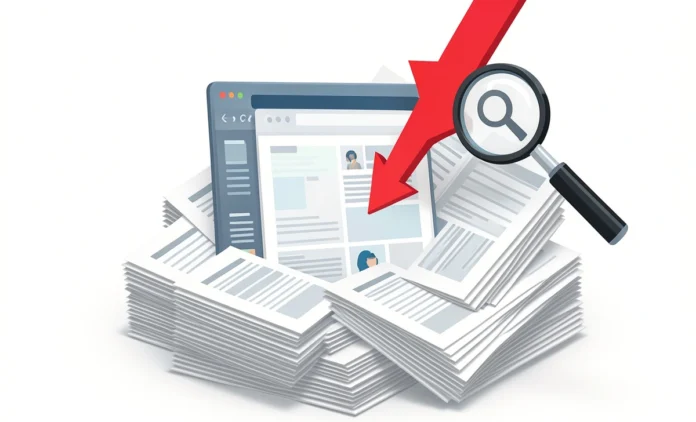 Publishing More Content Hurts SEO – Visual Guide Illustration showing how publishing more content hurts SEO with a declining organic traffic graph