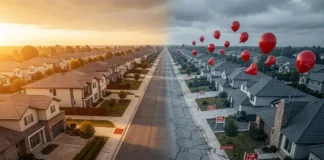 Real estate bubble signs — suburban street showing rising home prices on one side and housing crash on the other