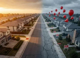 Real Estate Bubble Signs: 7 Warnings Before a Housing Crash Real estate bubble signs — suburban street showing rising home prices on one side and housing crash on the other