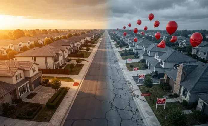 Real Estate Bubble Signs and Housing Crash Warning Real estate bubble signs — suburban street showing rising home prices on one side and housing crash on the other