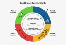 Real Estate Market Cycle: 4 Phases Explained (2026 Guide) Real estate market cycle diagram showing 4 phases: recovery, expansion, hypersupply, and recession with property investment indicators