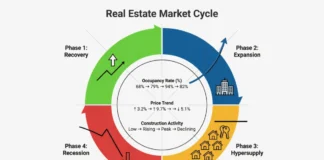 Real estate market cycle diagram showing 4 phases: recovery, expansion, hypersupply, and recession with property investment indicators