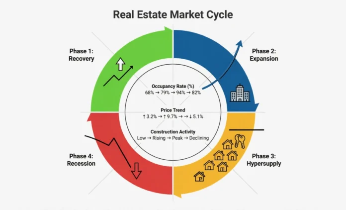 Real estate market cycle diagram showing 4 phases: recovery, expansion, hypersupply, and recession with property investment indicators
