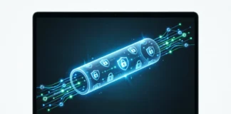 Illustration showing realistic VPN protection expectations with encrypted VPN tunnel and security shields protecting laptop data