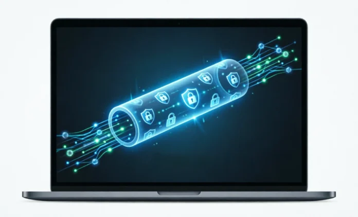 Illustration showing realistic VPN protection expectations with encrypted VPN tunnel and security shields protecting laptop data