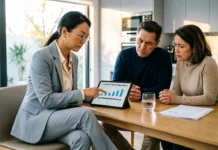 Why Realtor Suggest Lower Price? (And What to Do) Real estate agent explaining market analysis to homeowners discussing why realtor suggest lower price for their property