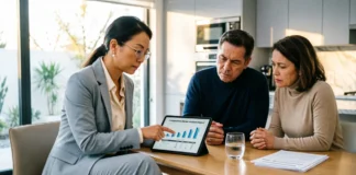 Real estate agent explaining market analysis to homeowners discussing why realtor suggest lower price for their property