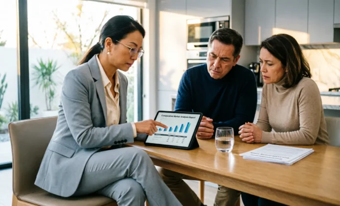 Real estate agent explaining market analysis to homeowners discussing why realtor suggest lower price for their property