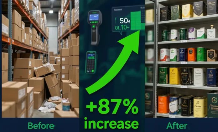 reduce product variants profit - warehouse before after comparison showing 50 to 15 SKU reduction with profit margin increase chart