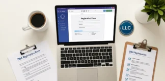 Small business owner reviewing register business name paperwork and DBA forms on desk with checklist