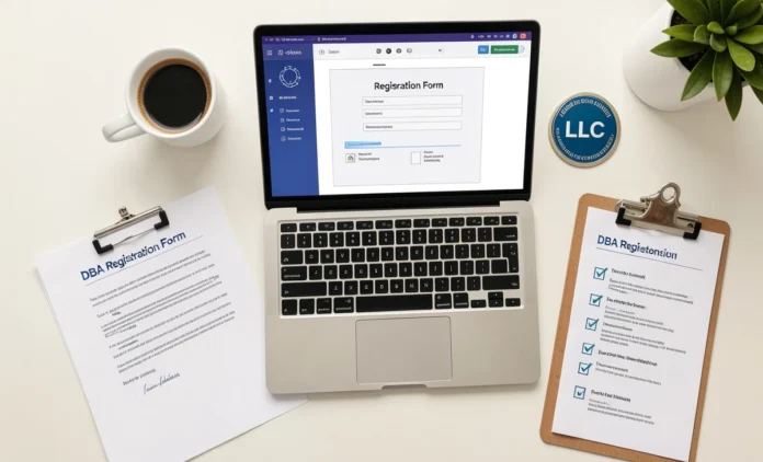Small business owner reviewing register business name paperwork and DBA forms on desk with checklist