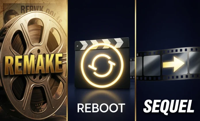 Remake Reboot Sequel Differences — Visual Comparison Guide remake reboot sequel differences explained in a cinematic three-panel movie comparison graphic