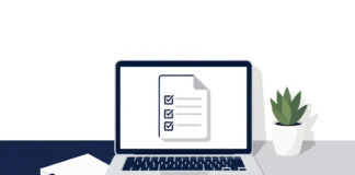 Remote work policy guide showing a home office setup with laptop and policy document — 2026