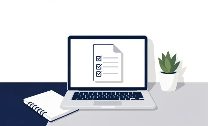 Remote work policy guide showing a home office setup with laptop and policy document — 2026