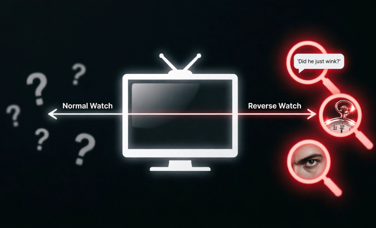 Reverse viewing reveals clues: infographic comparing normal vs. backward TV watching to spot hidden foreshadowing and plot details