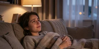Person experiencing emotional release while watching sad films mental health benefits in cozy home setting