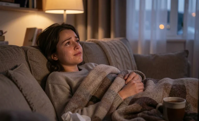 Sad Films Mental Health: Emotional Healing Through Movies Person experiencing emotional release while watching sad films mental health benefits in cozy home setting