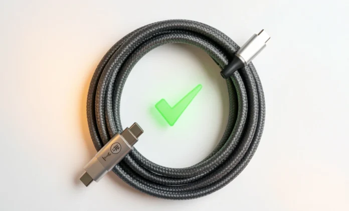 Safe Smartphone Charging Cable — USB-C Certified A safe smartphone charging cable with USB-IF certification symbol on white background