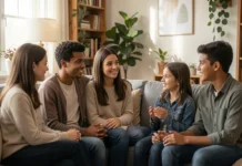 Screen Time Without Fighting: Family Scripts That Work Family discussing screen time without fighting - calm conversation between parents and teens