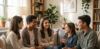 Family discussing screen time without fighting - calm conversation between parents and teens
