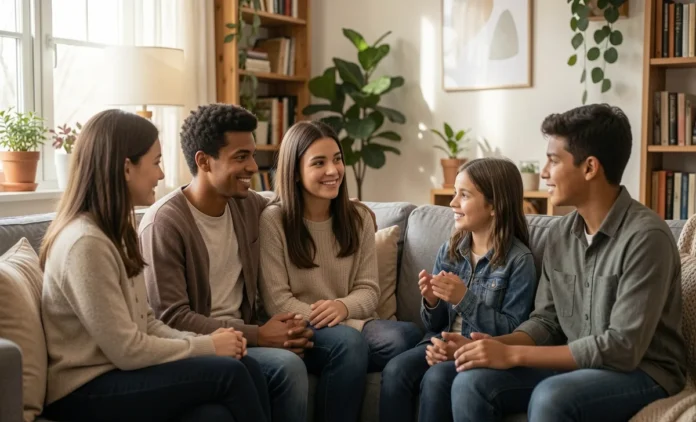 Screen Time Without Fighting - Peaceful Family Discussion Family discussing screen time without fighting - calm conversation between parents and teens