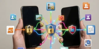 Secure phone data transfer between old and new smartphone with encrypted connection protecting photos and contacts