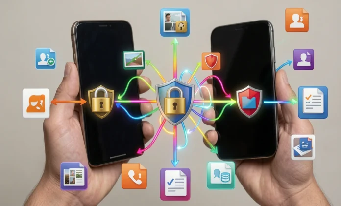 Secure Phone Data Transfer Guide - Encrypted File Migration Secure phone data transfer between old and new smartphone with encrypted connection protecting photos and contacts