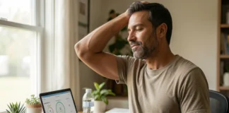 Remote worker stretching at desk, researching sitting 8 hours health tips per WHO 2026 guidelines