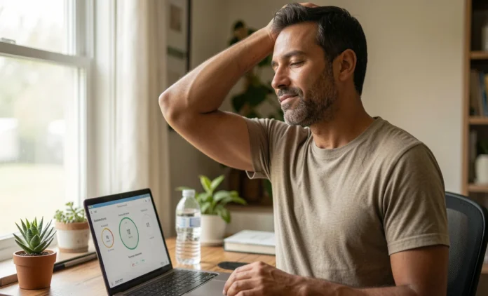 Sitting 8 Hours Health – WHO 2026 Workplace Wellness Guide Remote worker stretching at desk, researching sitting 8 hours health tips per WHO 2026 guidelines