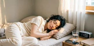 Person attempting sleep debt recovery by sleeping in on weekend morning