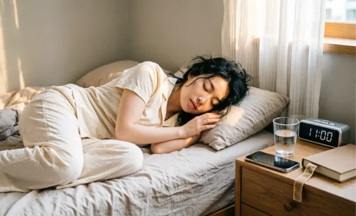 Person attempting sleep debt recovery by sleeping in on weekend morning