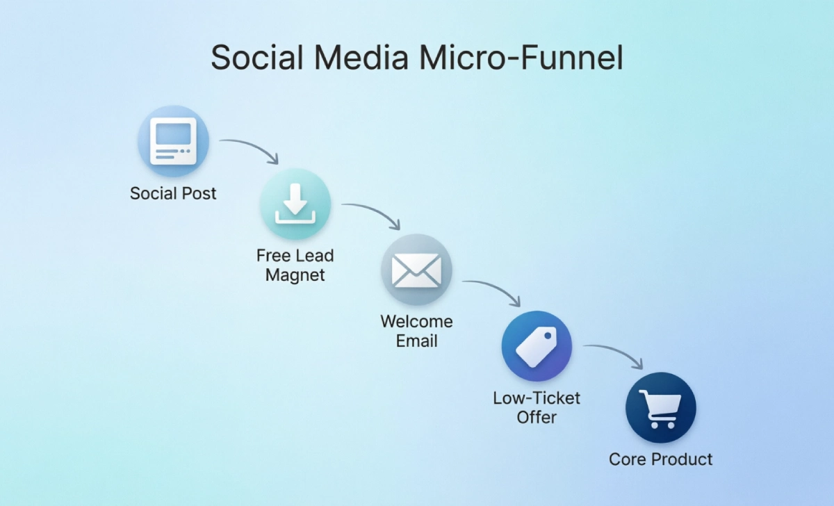 Micro-funnel diagram showing how to turn engagement into social media sales metrics step by step