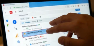 Person learning to spot phishing emails on laptop screen with warning signs visible