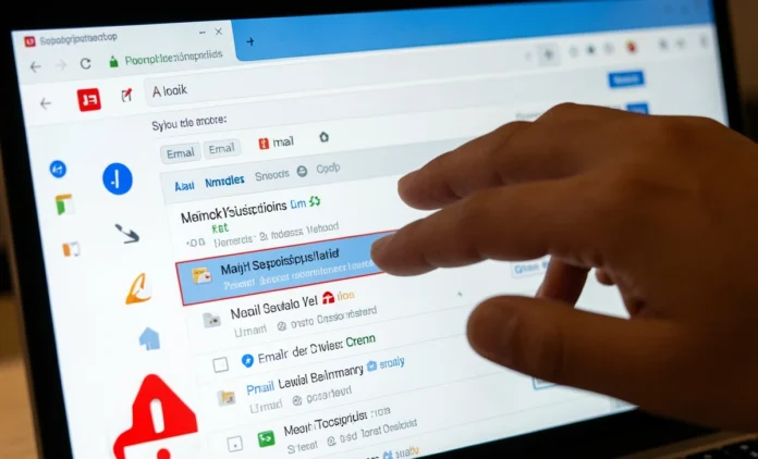 How to Spot Phishing Emails - Warning Signs Guide Person learning to spot phishing emails on laptop screen with warning signs visible