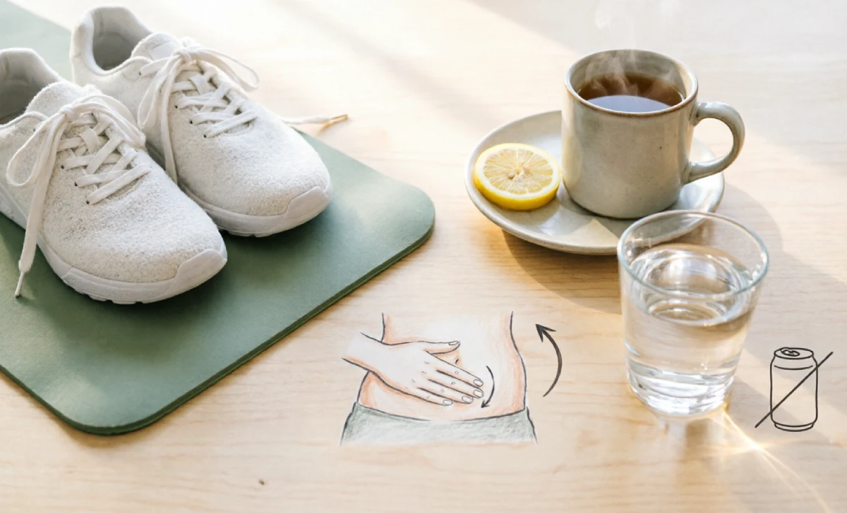 Five natural ways to stop bloating after overeating: walking, ginger tea, yoga, massage, and hydration
