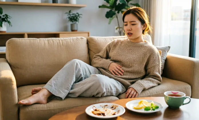How to Stop Bloating After Overeating - Natural Relief Guide Person seeking ways to stop bloating after overeating with natural home remedies